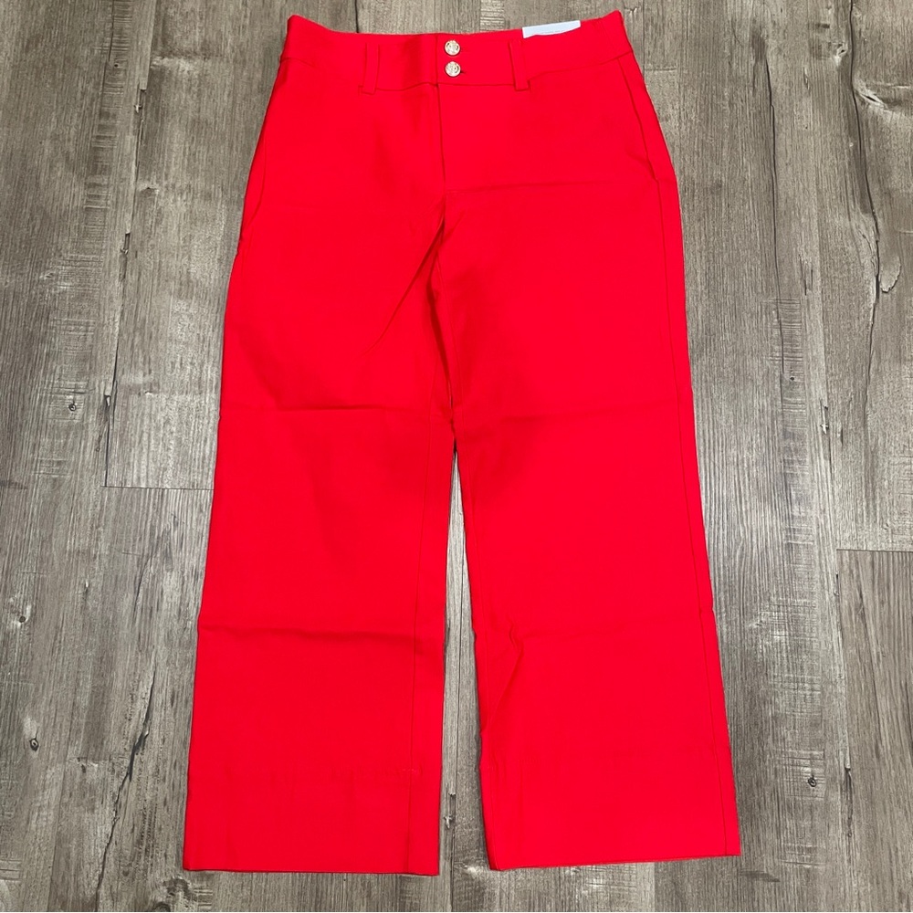 NEW Chicos Red Crop Wide Leg Trousers Gold Crest Buttons Size US 2 Stretch Pants